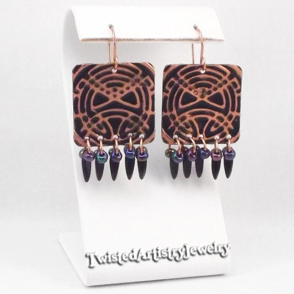 Black and Copper Celtic Square Chandelier Earrings - Picture 2 of 6